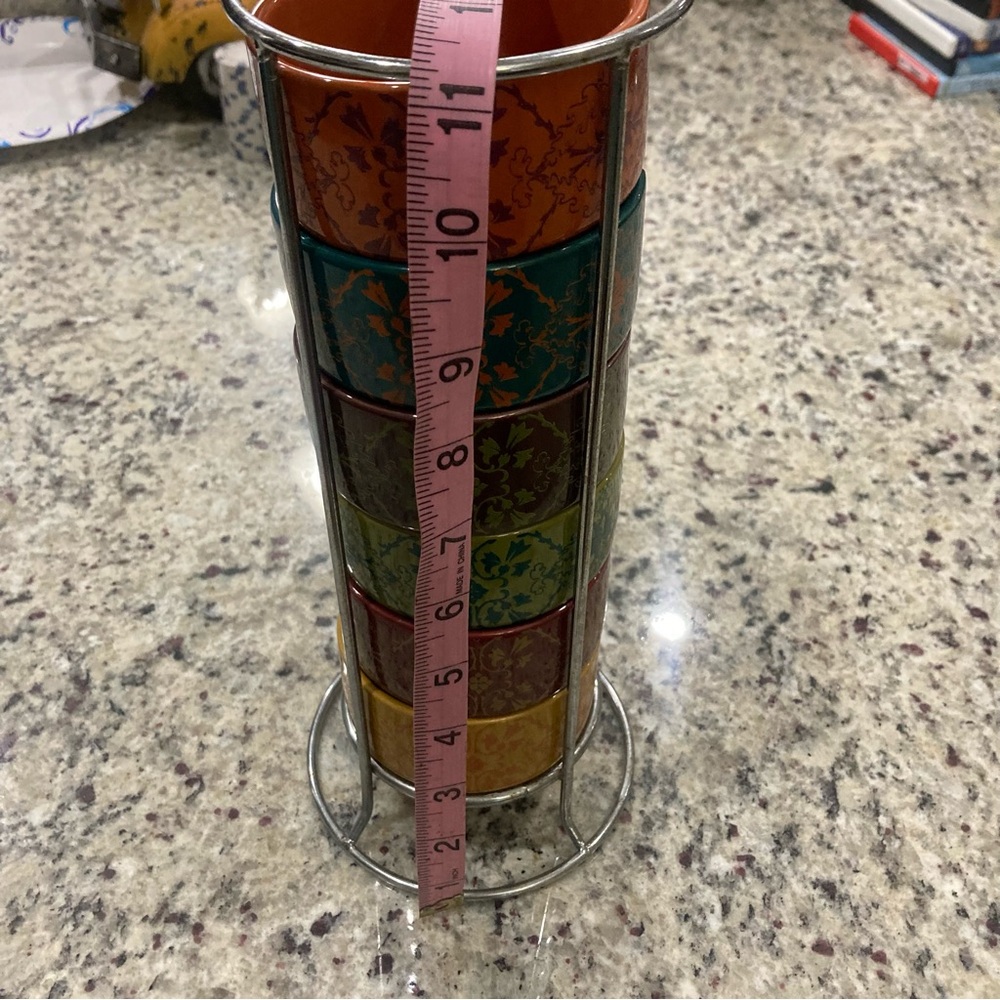 World Market Set of 6 coffee cups with metal holder **1 glued back* Holder Rustd - Picture 13 of 16